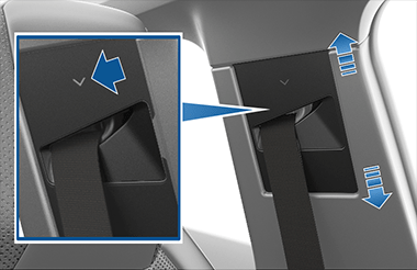 Плечевое крепление со стрелками вверх и вниз; в увеличенном фрагменте показано нажатие кнопки на креплении