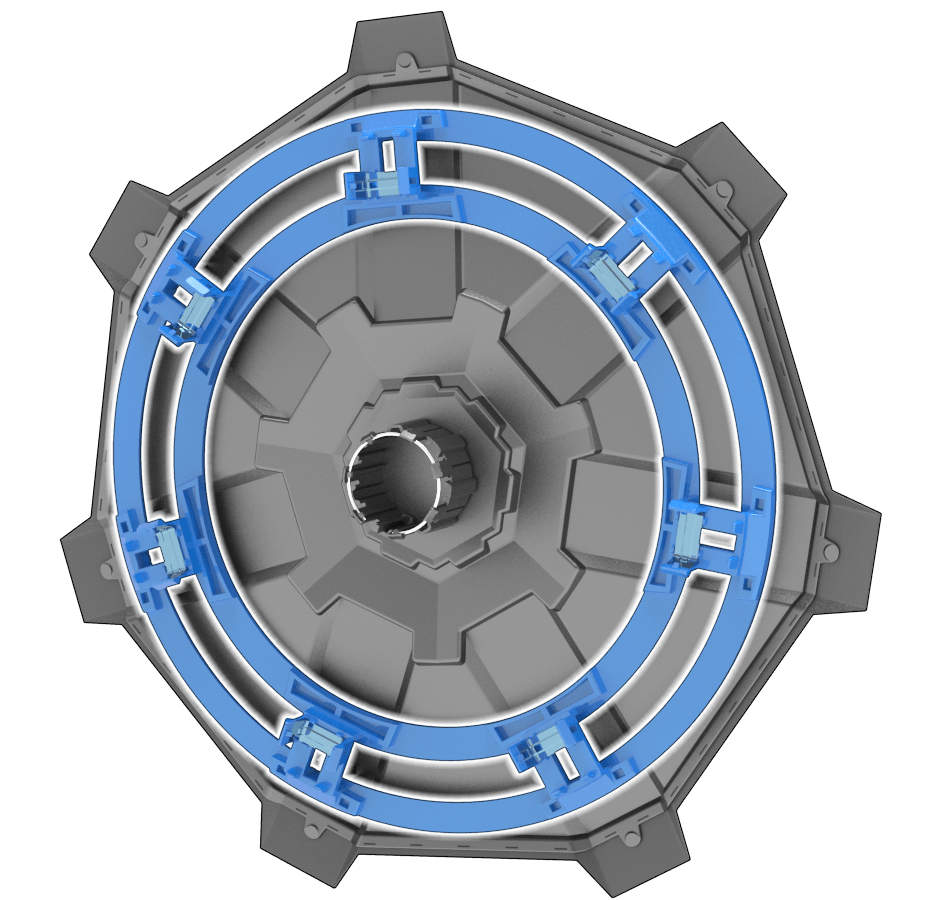 Внутренняя сторона колесного колпака с выделенным синим цветом монтажным кольцом