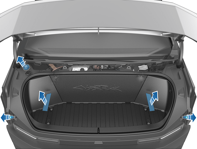 Франк с электроприводом с выделенными элементами и стрелками, указывающими на упоры, крышку бачка омывателя и съемные накладки