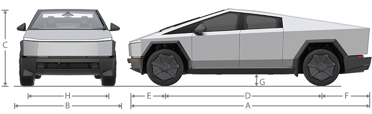 Виды автомобиля спереди и сбоку с линиями, обозначающими размеры