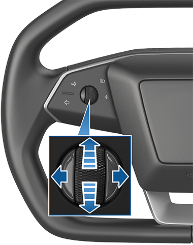 Рулевое колесо с увеличенным изображением левой кнопки прокрутки и синими стрелками, указывающими вверх, вниз, влево, вправо