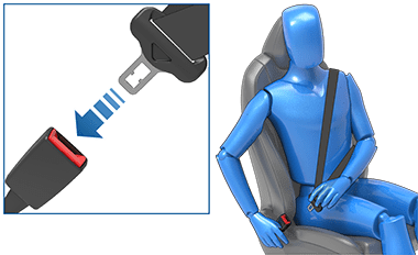 Человек пристегивает ремень безопасности; в увеличенном фрагменте стрелка указывает от язычка к замку