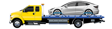 Автомобиль на эвакуаторе с плоской платформой.