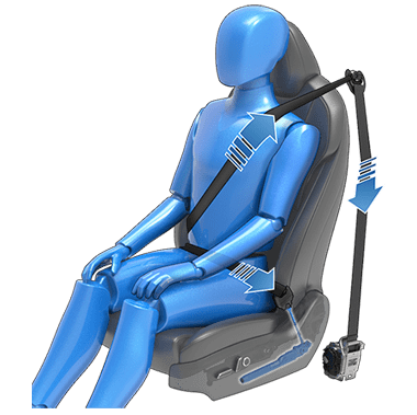 Человек в автокресле с пристегнутым ремнем безопасности, стрелки на поясной части указывают на пряжку, а стрелки на плечевой части - на крепление ремня