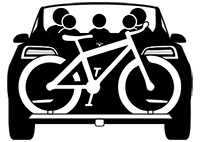 Иконка черного автомобиля с прикрепленным белым велосипедом.