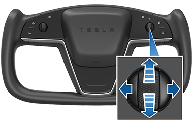 Рулевое колесо с увеличенным изображением правой кнопки прокрутки со синими стрелками, указывающими вверх, вниз, влево, вправо