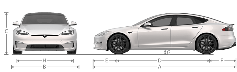 Вид автомобиля спереди и сбоку с линиями, обозначающими размеры