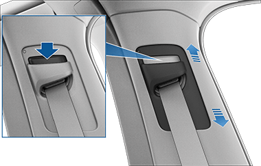 Плечевое крепление со стрелками вверх и вниз; в увеличенном фрагменте показано, как нажимается кнопка плечевого крепления