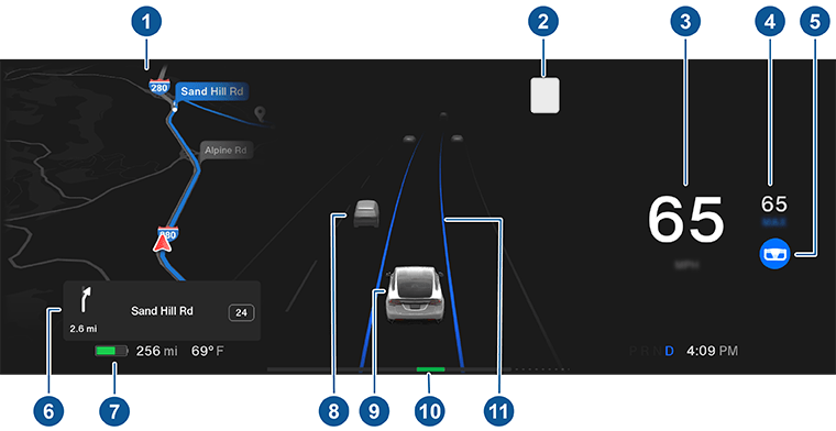 Расположение значков и элементов на приборной панели Model X во время движения