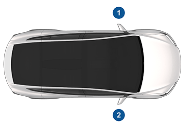 Вид автомобиля сверху с цифрой 1 на левой стороне и цифрой 2 на правой стороне.