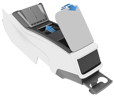 Центральная консоль со стрелкой, показывающей, как сдвинуть крышку отсека, и еще одной стрелкой, показывающей, как поднять подлокотник, чтобы открыть отсеки