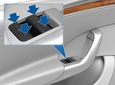 Стрелки, указывающие на четыре переключателя стеклоподъемников на двери водителя