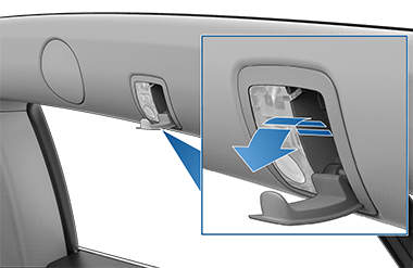 Крючок для одежды над задним окном со стрелкой, указывающей наружу
