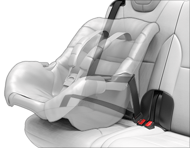 Детское кресло, пристегнутое на пассажирском сиденье с помощью ремня безопасности автомобиля.