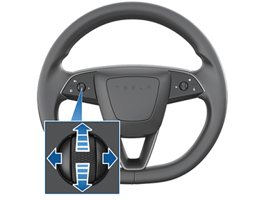 Рулевое колесо с увеличенным изображением левой кнопки прокрутки с синими стрелками, указывающими вверх, вниз, влево и вправо