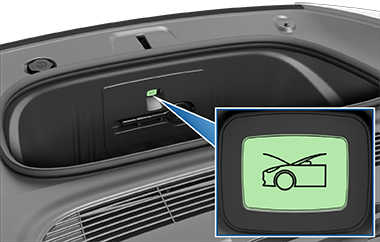 Кнопка внутри переднего багажника с изображением автомобиля с открытым багажником