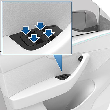 Стрелки, указывающие на четыре переключателя окон на водительской двери