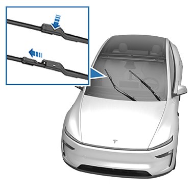 Увеличенное изображение щетки стеклоочистителя со стрелкой, указывающей на язычок, и другой стрелкой, указывающей на необходимость раздвинуть детали