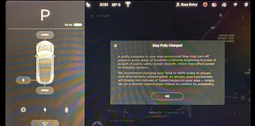 Tesla разослали уведомления об отключении электричества в Калифорнии на экраны электромобилей