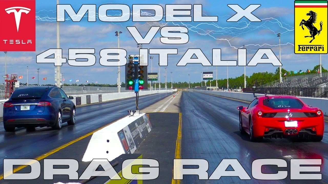 Tesla Model X P90D Ludicrous vs Ferrari 458 Italia 1/4 Mile Drag Race